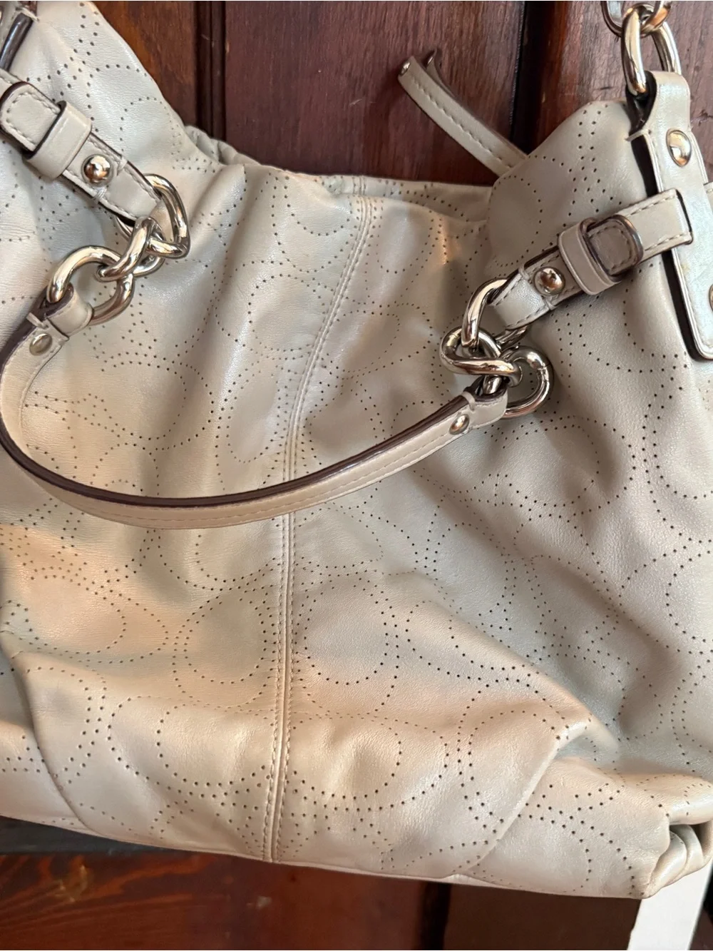 Coach Brooke Perforated C Learher Silver/Light Gray Shoulder Bag #F16908